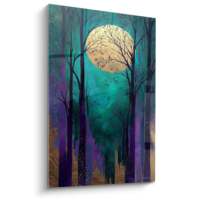 Tableau Forêt Nocturne aux Teintes Turquoise et Violettes sous Pleine Lune - Harmonie Sylvestre - Edition Feng shui Sud-Est Bois