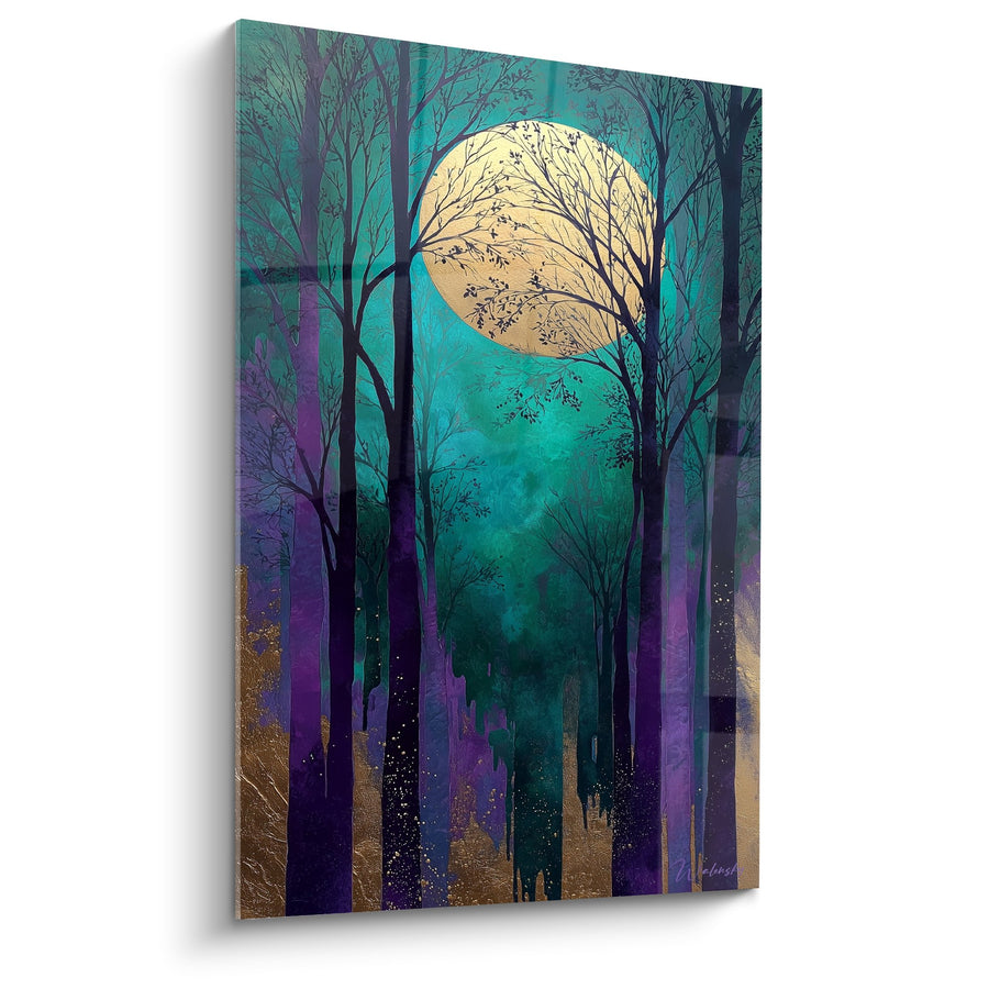 Tableau Forêt Nocturne aux Teintes Turquoise et Violettes sous Pleine Lune - Harmonie Sylvestre - Edition Feng shui Sud-Est Bois
