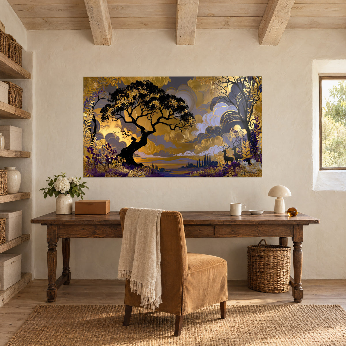 Wall art of a golden dusk with a black tree, violet-grey clouds, distant cypresses, hung above a raw wood desk