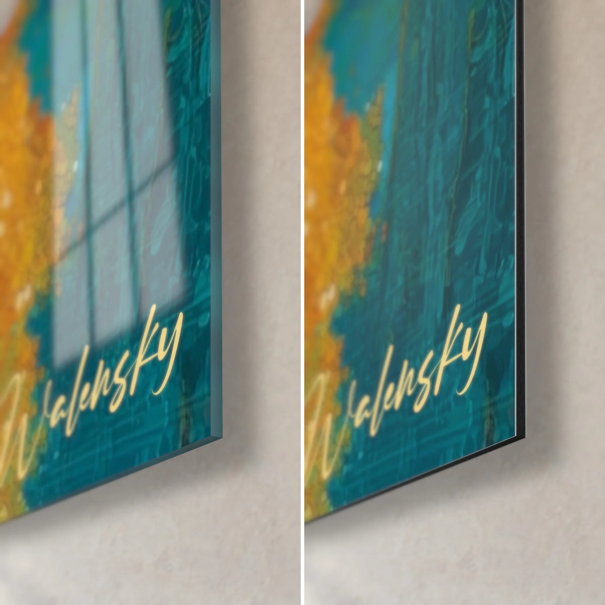 Schilderij sterrenbos, rechtsonder hoek in glanzend glas met reflecties en mat Dibond, gouden Walensky-signatuur op turquoise achtergrond, 3 mm dik