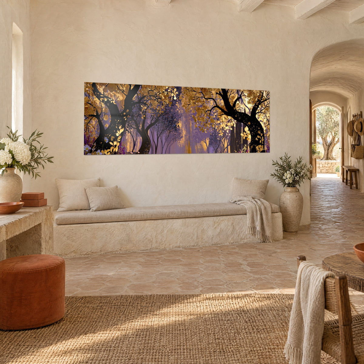 Wall art shimmering forest with golden leaves and mauve mist, two large black trunks, three-quarter view, Provençal farmhouse