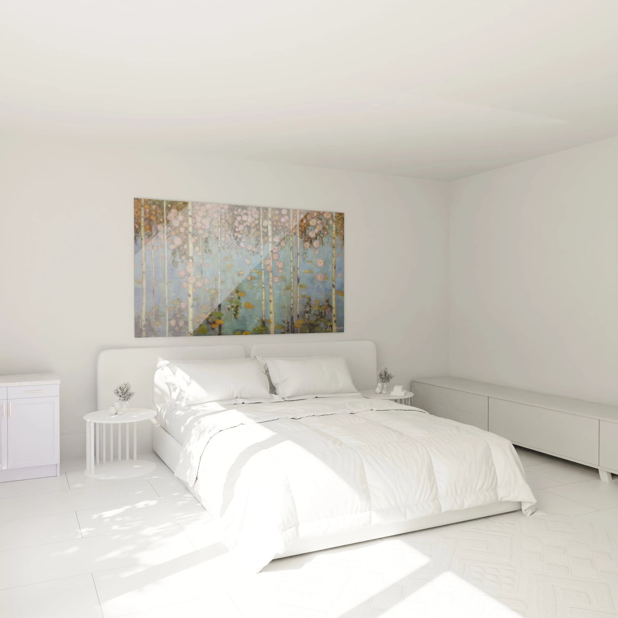 Tableau forêt perle flottante Walensky au dessus d'un lit blanc dans une chambre lumineuse minimaliste