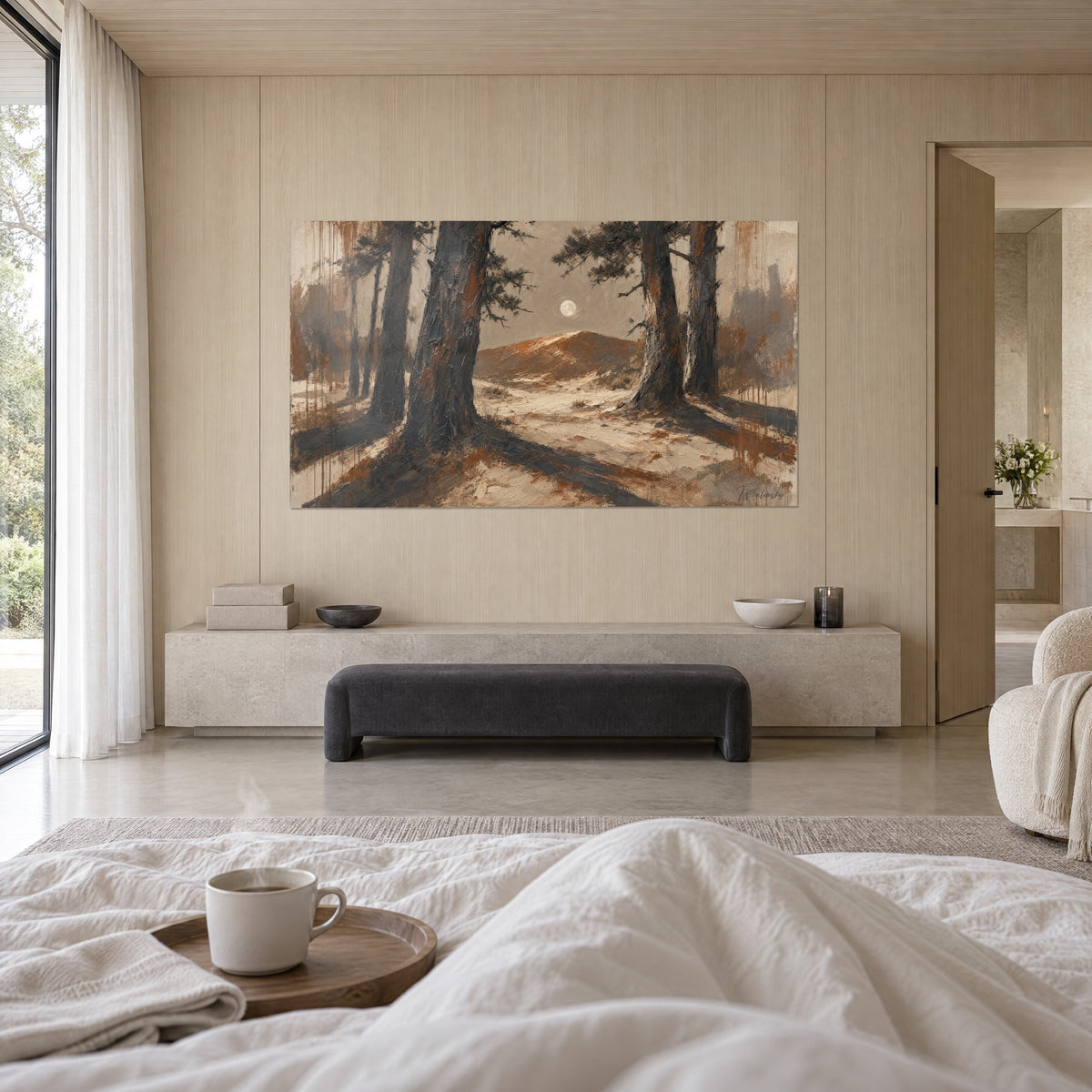 Tableau clairière de pins et lune blanche, dune brun roux sur ciel grège, une personne de dos, au-dessus d'un lit dans une chambre claire