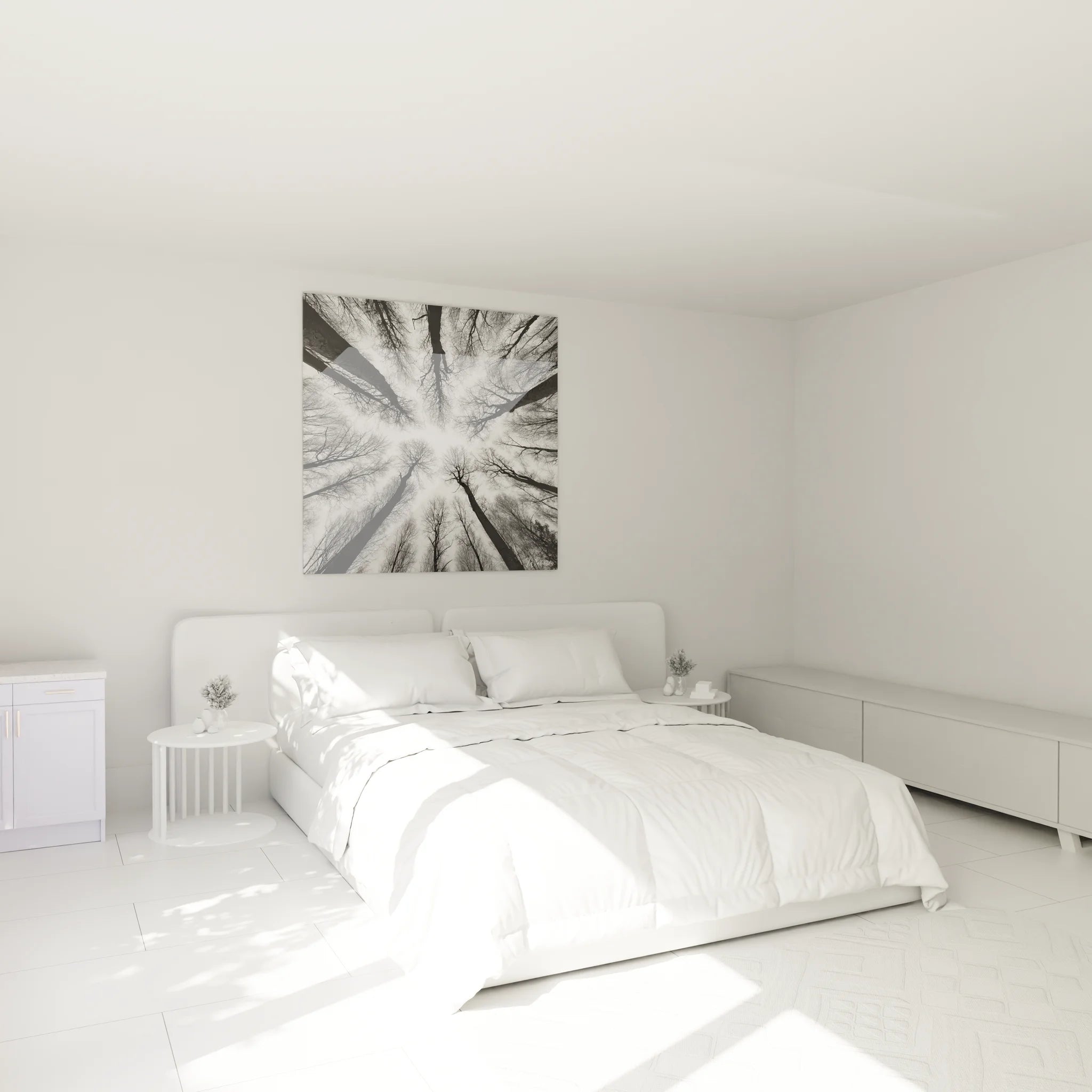 Tableau paysage forêt noir blanc en décoration chambre moderne avec vue plongée canopée