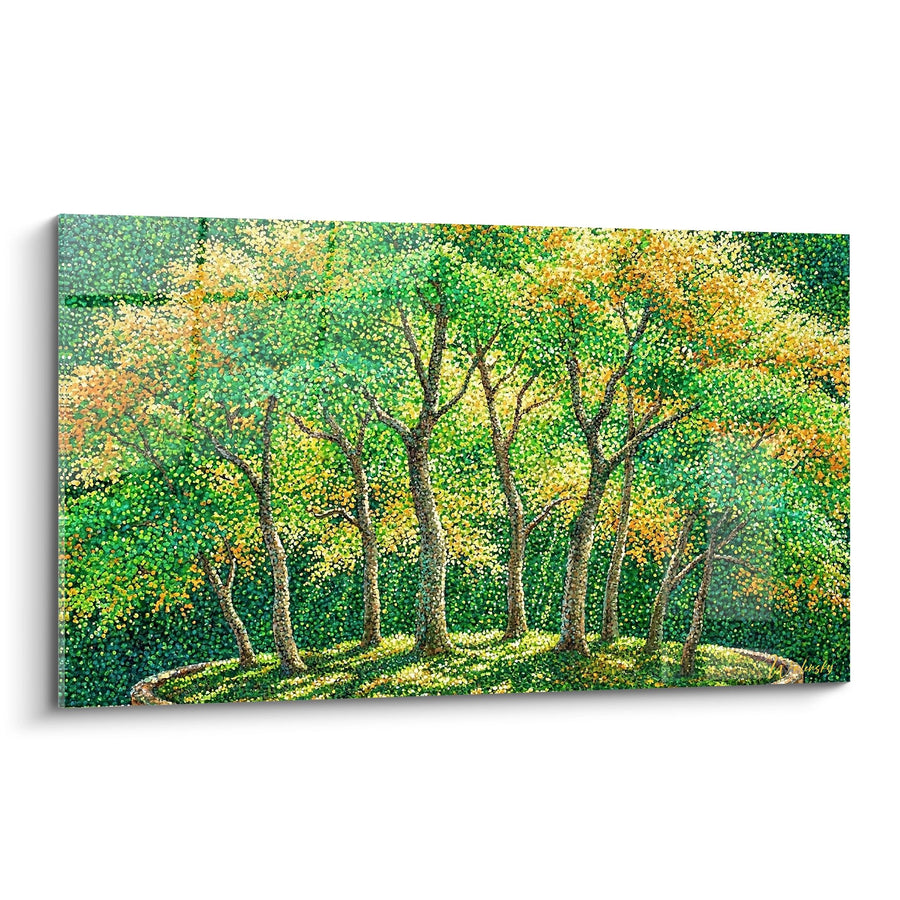 Tableau Forêt Pointilliste aux Tons Verts et Dorés - Harmonie Végétale - Edition Bonsaï