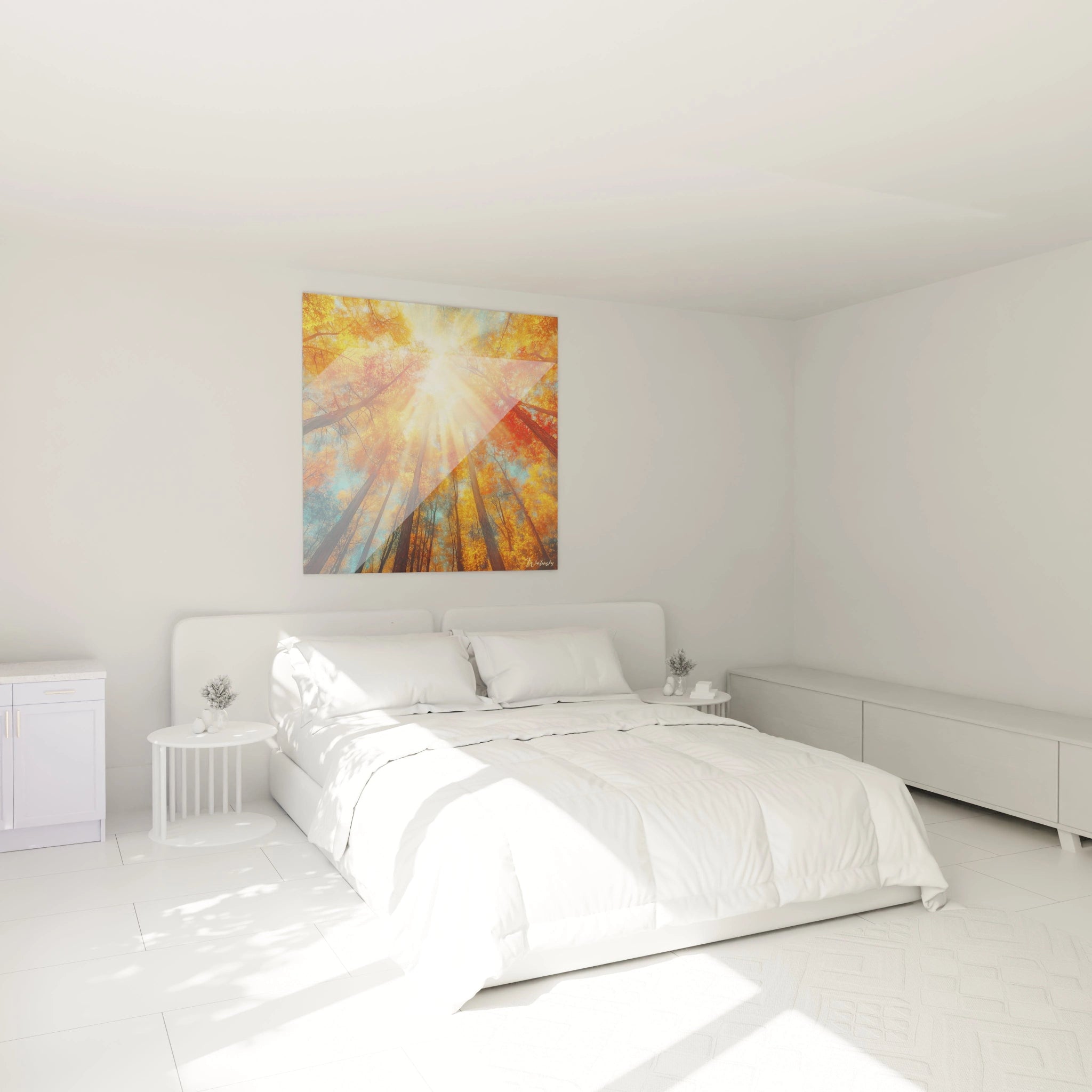 Tableau forêt Walensky avec soleil filtrant à travers les arbres aux couleurs automnales dans une chambre lumineuse