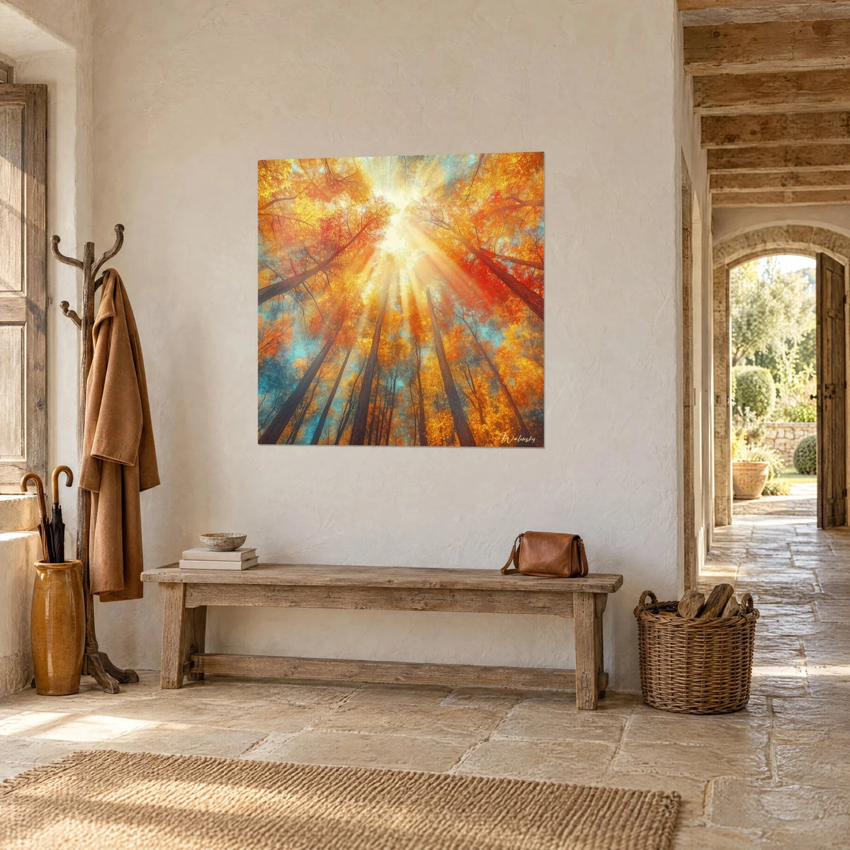 Quadro sottobosco autunnale con tronchi bruni slanciati, cielo turchese e foglie rosse, su un muro di pietra accanto a un arco