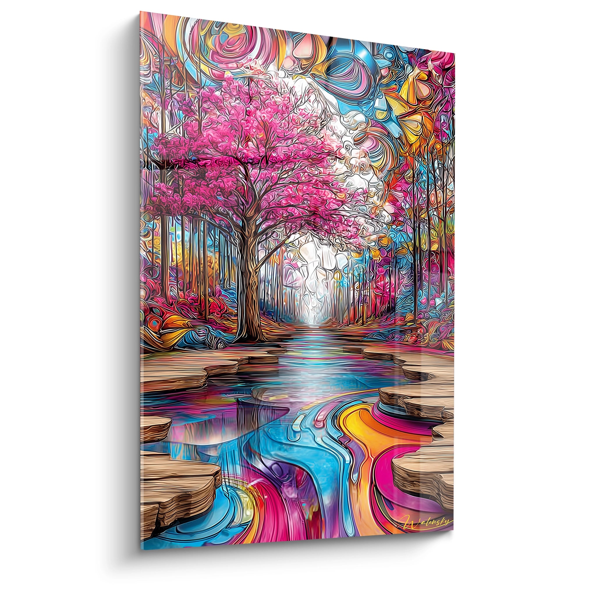 Tableau mural forêt psychédélique avec arbre rose fuchsia et rivière multicolore, art décoratif moderne