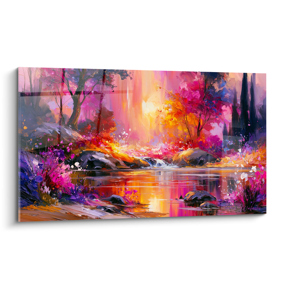 Tableau Rivière forestière aux teintes fuchsia et dorées - Embrasement du crépuscule - Edition Forêt