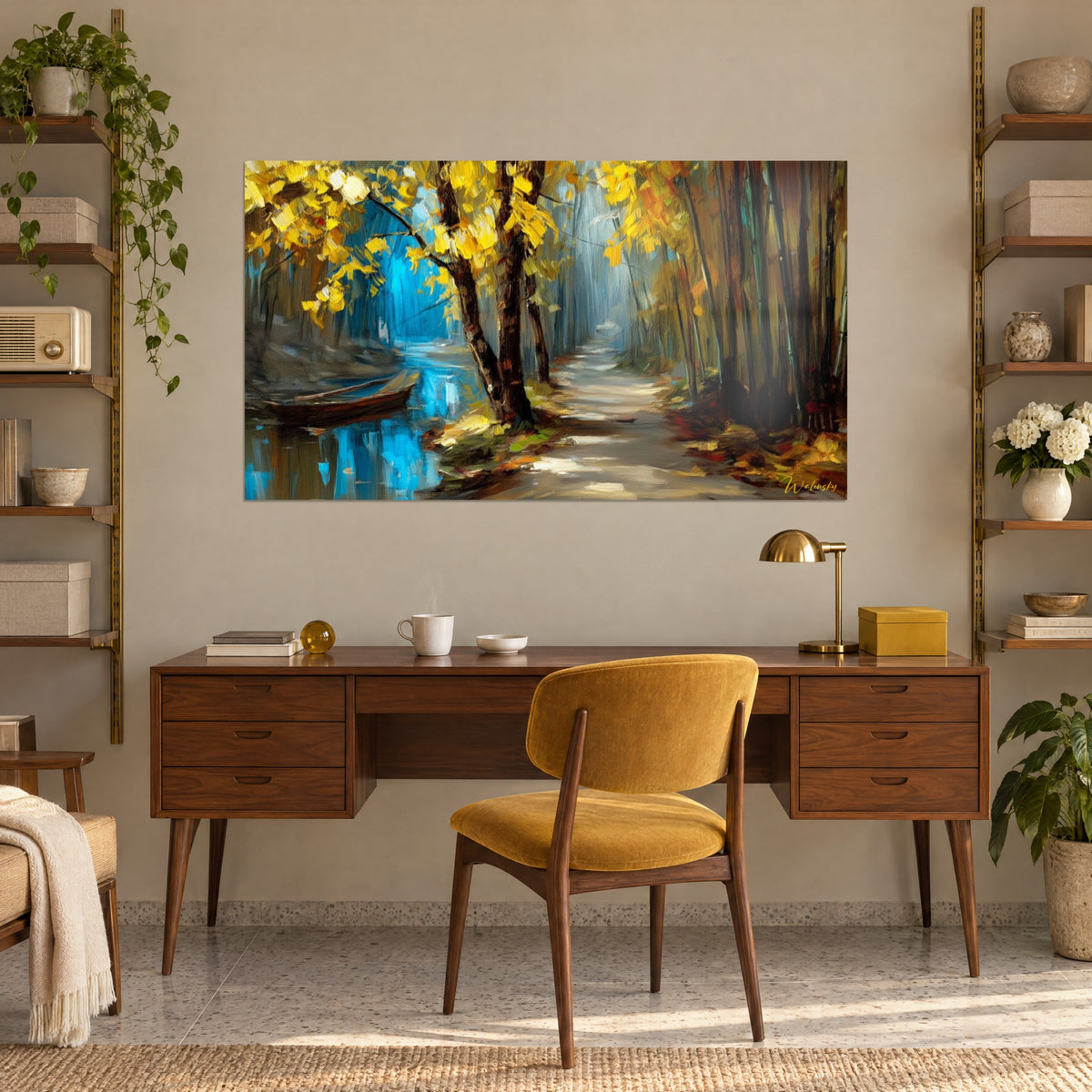 Schilderij bospad met okerkleurig bamboe, azuurblauwe weerspiegelingen op het water en fel geel gebladerte, boven een houten bureau