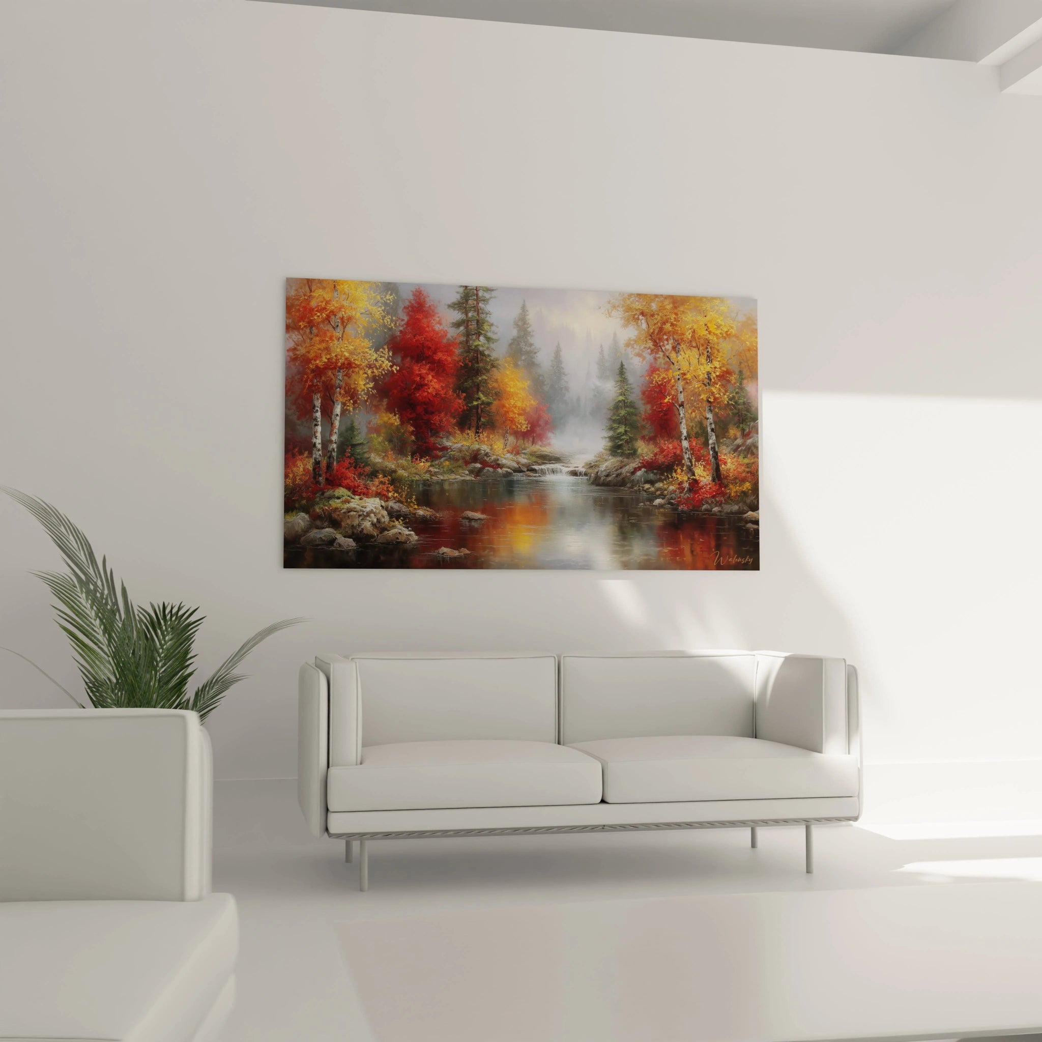 Tableau mural Walensky tableau forêt automnale paysage paisible avec rivière arbres rouges et jaunes