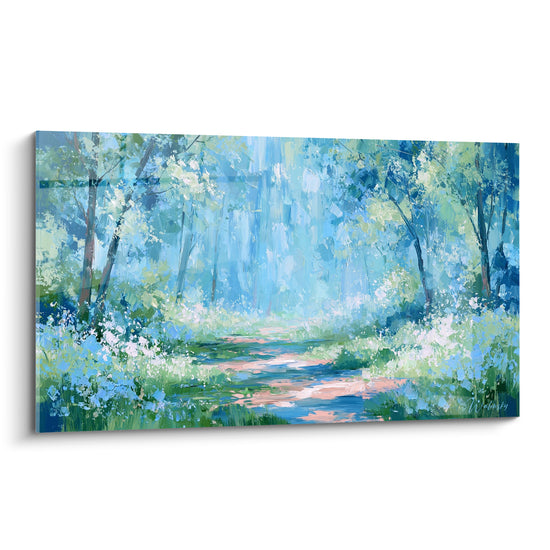 Tableau Sentier bleu et vert entre les arbres - Éveil printanier - Edition Forêt