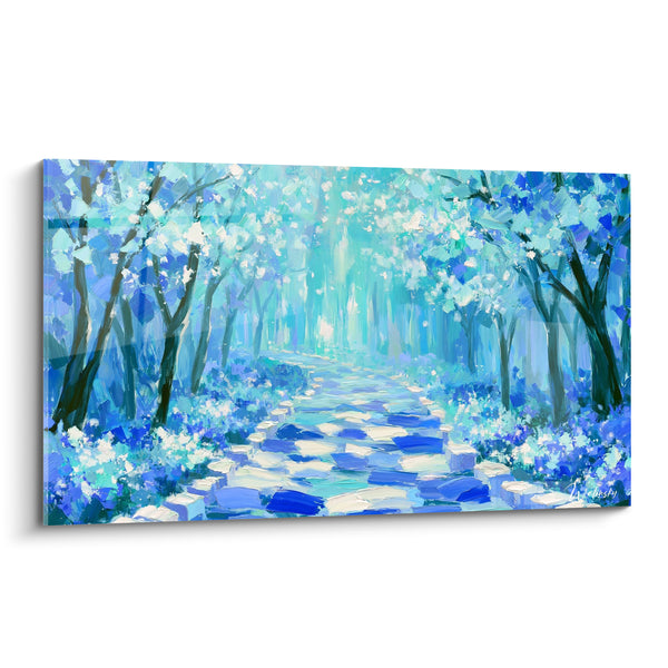 Tableau Sentier bleu et turquoise sous les arbres - Chemin enchanté - Edition Forêt