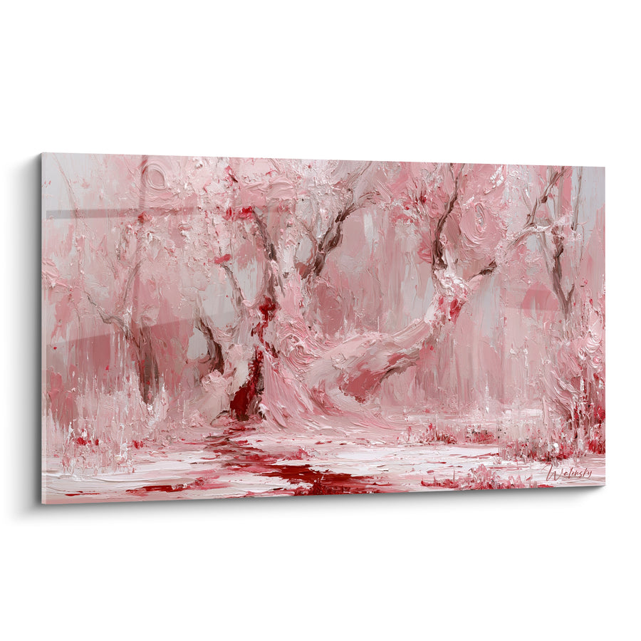 Tableau Arbres roses et rouges en sentier givré - Sentier silencieux - Edition Forêt