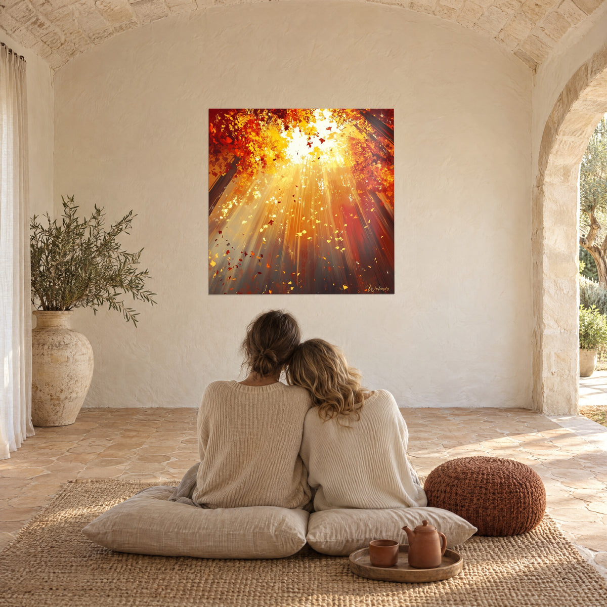 Wall art autumn light filtered through branches, orange and brown brushstrokes, vaulted stone living room, Provençal farmhouse