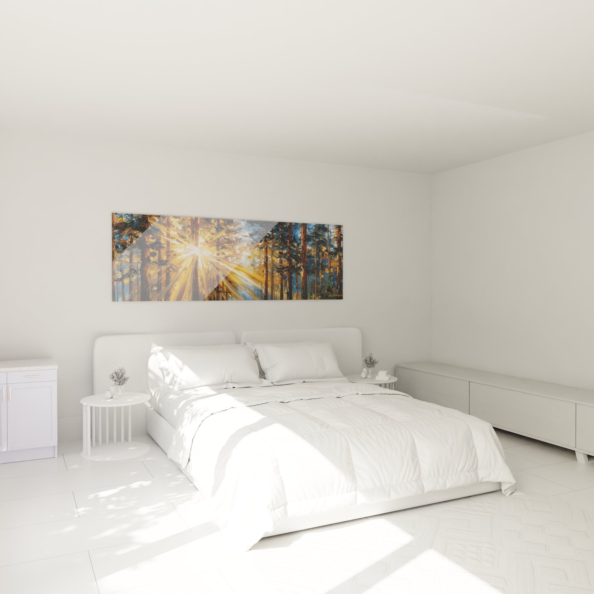Tableau mural rayons soleil forêt installé dans chambre moderne ambiance zen