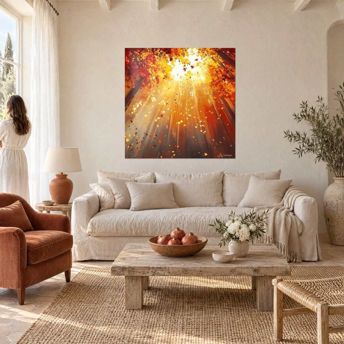 Wall art autumn forest undergrowth flooded with golden light, rust and saffron-yellow leaves, above a sofa in a bright living room