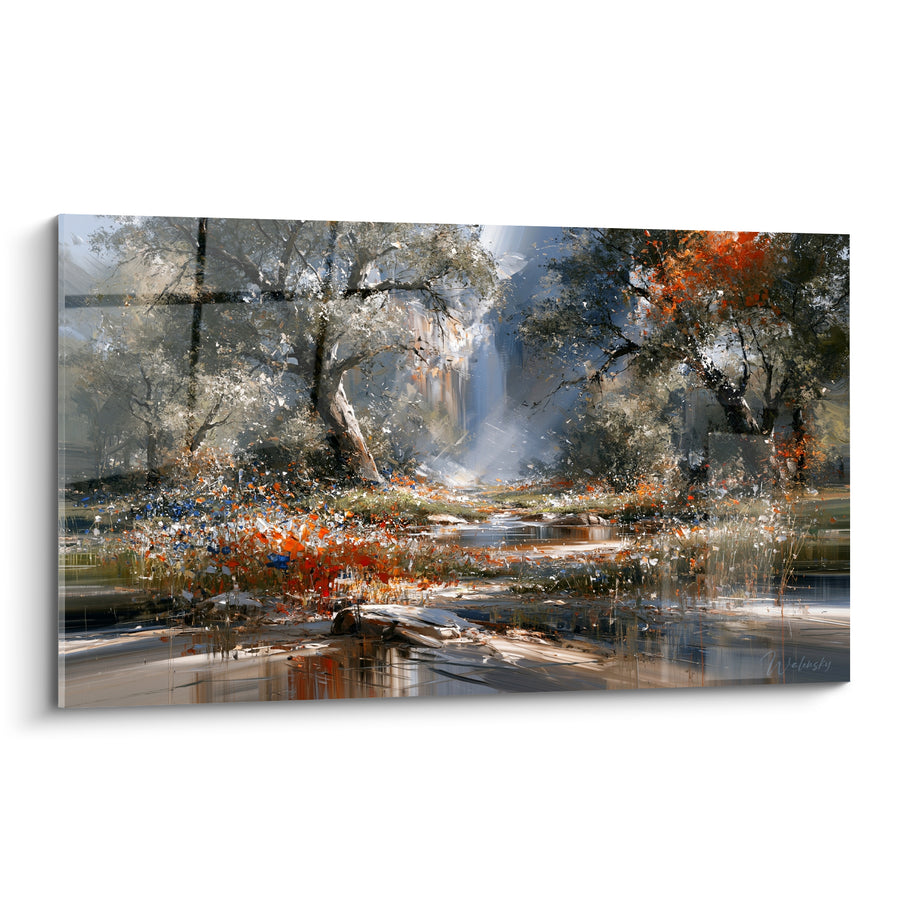 Tableau Sous-bois blanc et orangé au ruisseau - Lumière filtrée - Edition Forêt