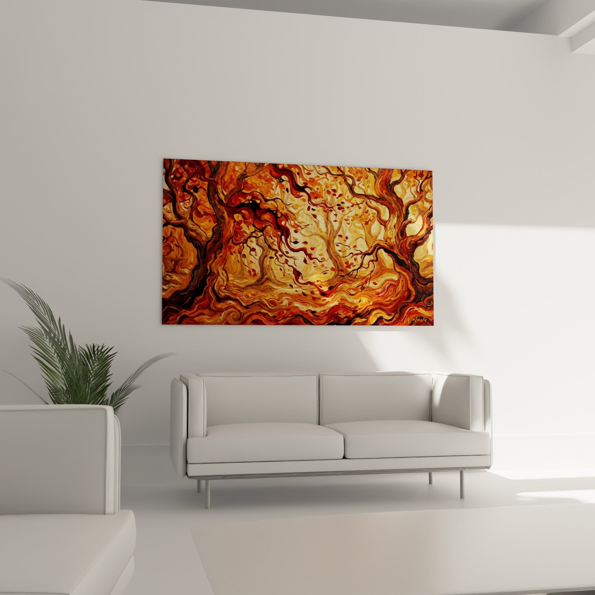 Tourbillon de la forêt Forêt en tons ambre et terracotta, disposé au-dessus d'un canapé dans un salon lumineux