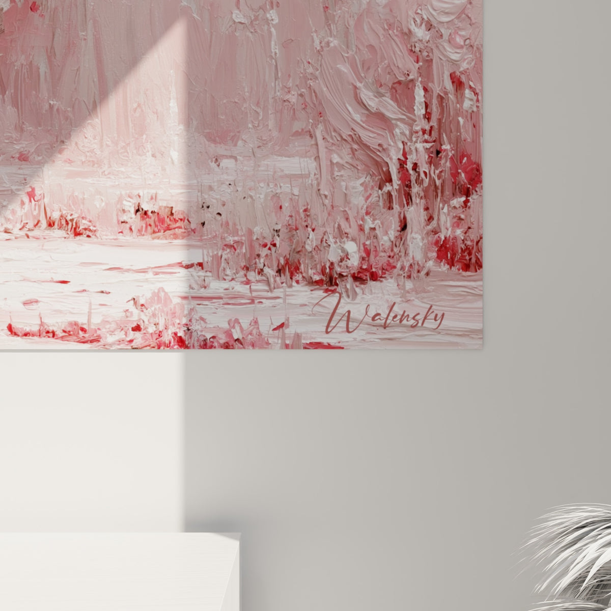 Wall art trees in pink and white with thick impasto, Walensky signature, bottom right corner in glossy glass and matte black Dibond