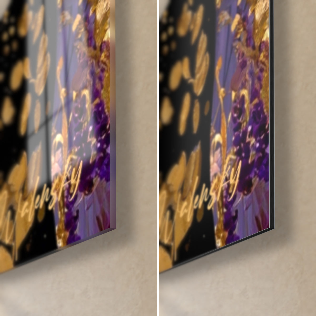Wall art golden black trees, lower right corner: golden leaves and purple clusters, glossy glass on the left, matte Dibond on the right