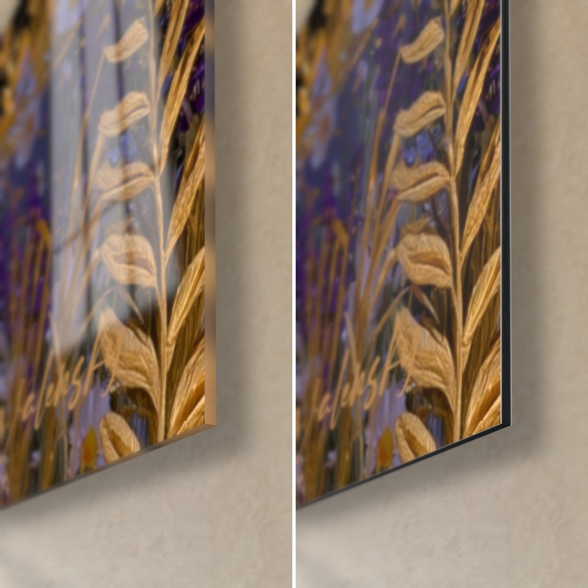 Cuadro bosque de lavanda y oro, rama dorada grabada sobre cristal brillante a la izquierda, aluminio Dibond mate a la derecha, canto negro