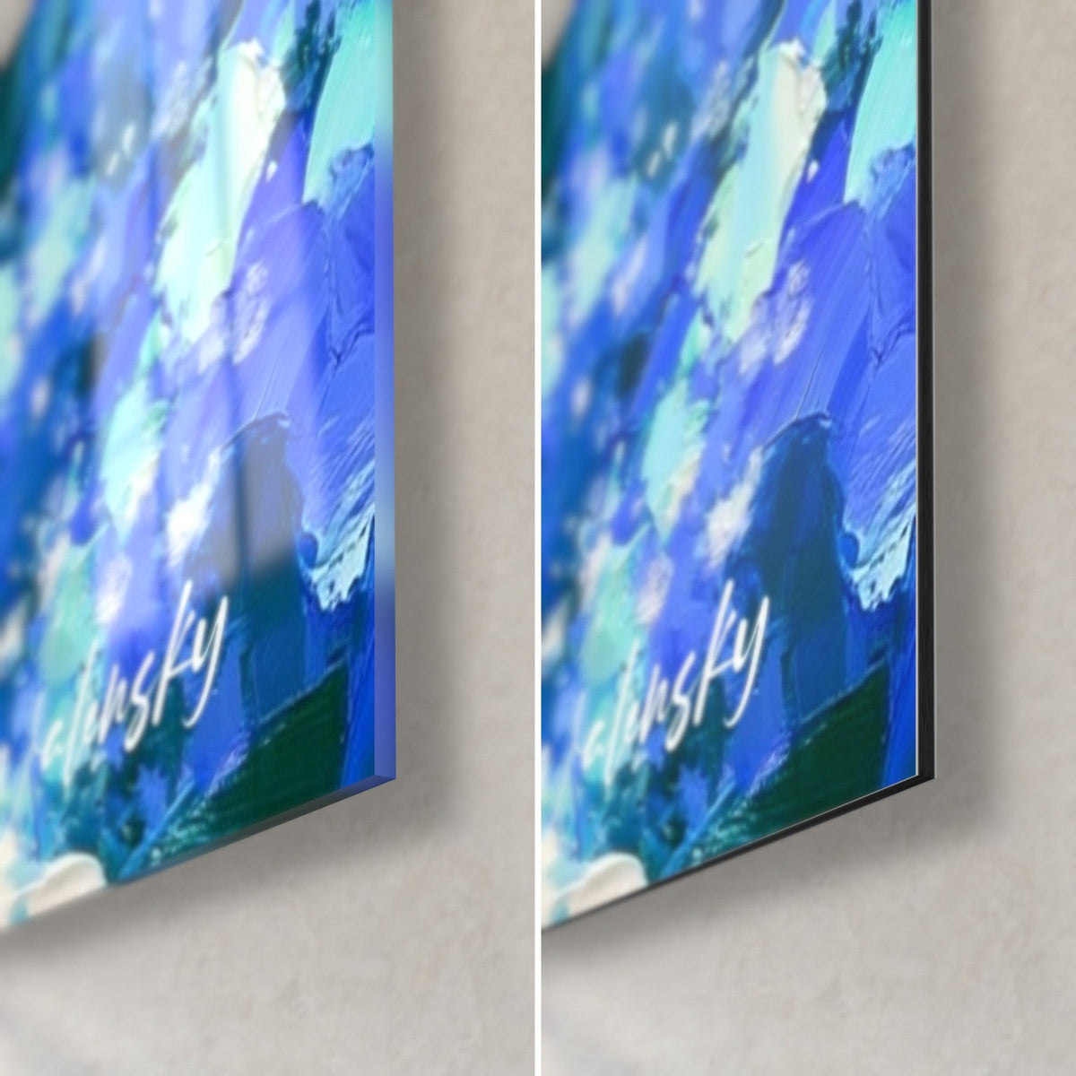 Gemälde Unterholz in Ultramarinblau und Türkis, untere rechte Ecke: glänzendes Acrylglas links, mattes Dibond rechts, 3 mm Kante