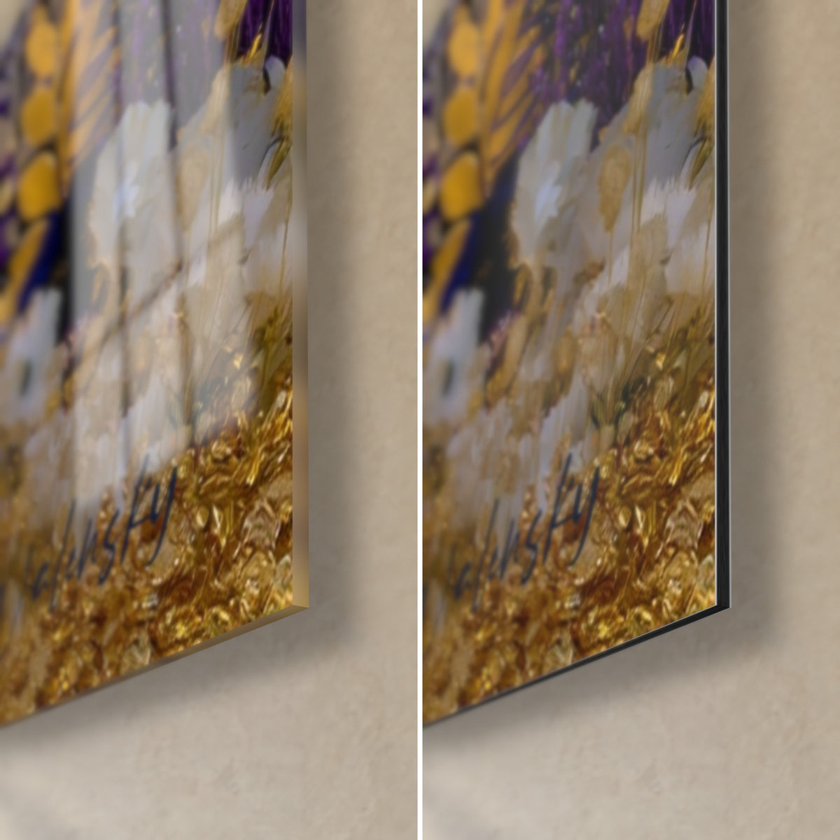 Wall art of deer silhouetted among purple flowers and golden leaves, bottom right corner, glossy glass on the left, matte Dibond on the right