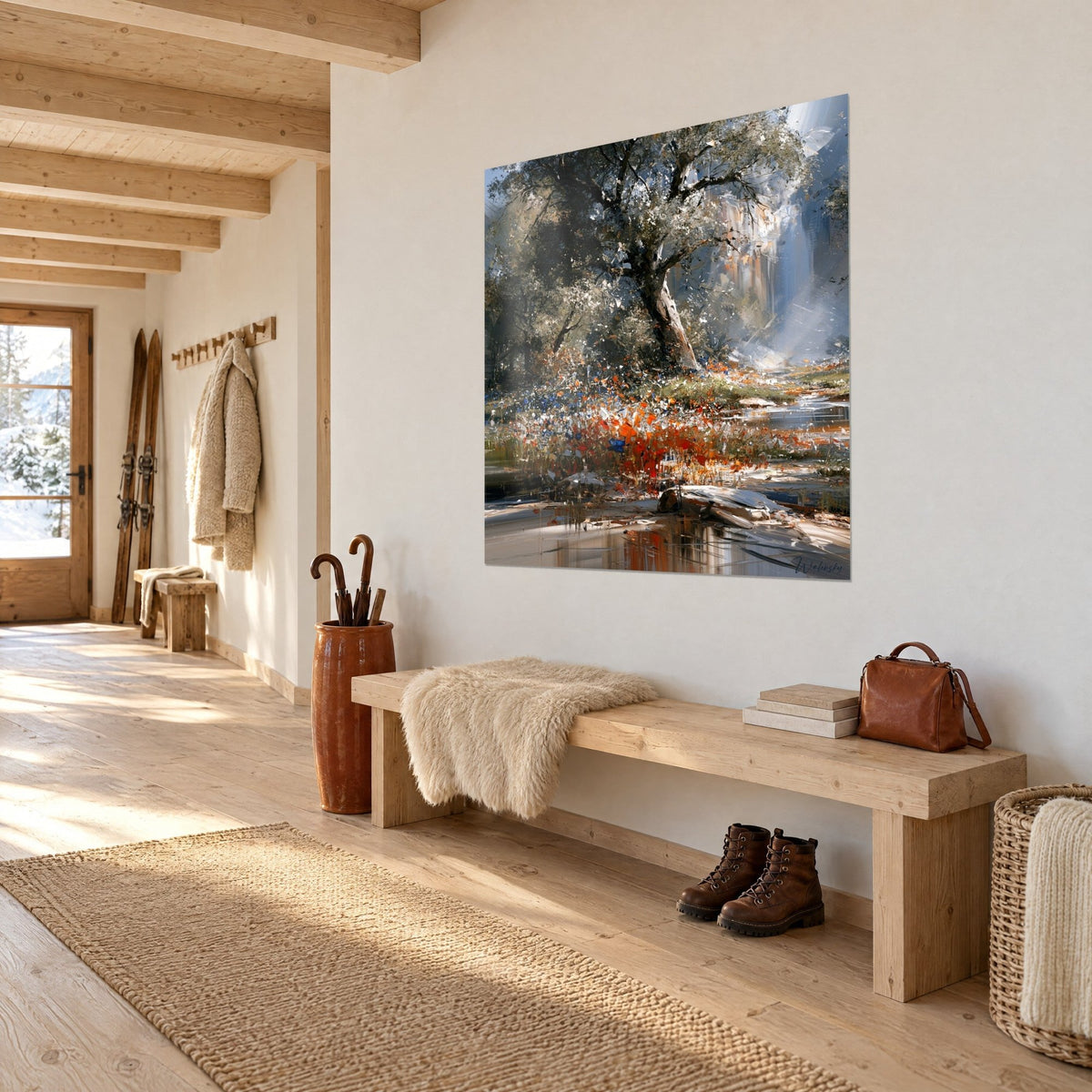 Quadro di paesaggio di sottobosco, tronco scuro e acqua scintillante blu e ruggine, appeso a una parete bianca d'ingresso in chalet