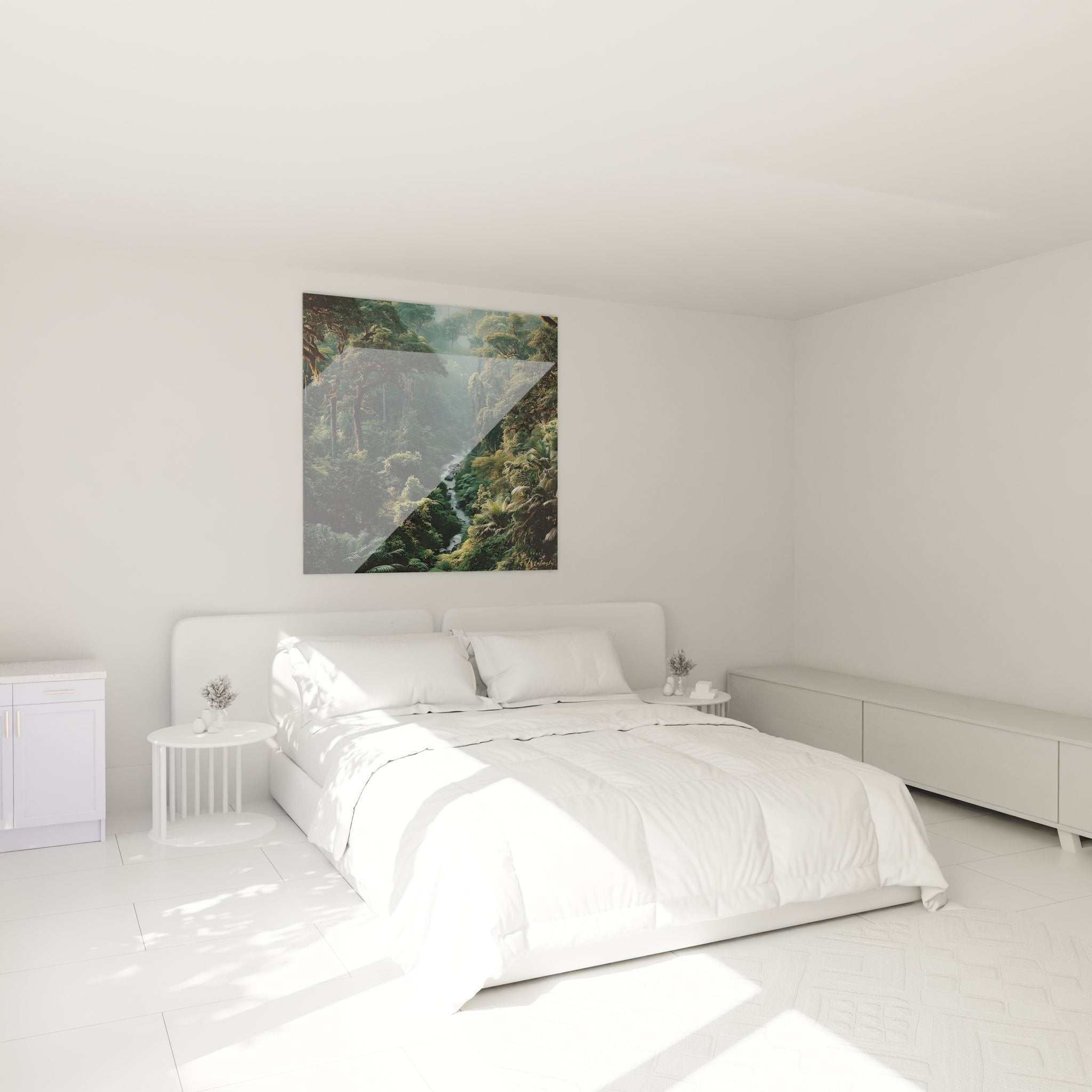 Tableau mural forêt tropicale dans chambre moderne, ambiance zen et naturelle avec paysage jungle mystérieuse