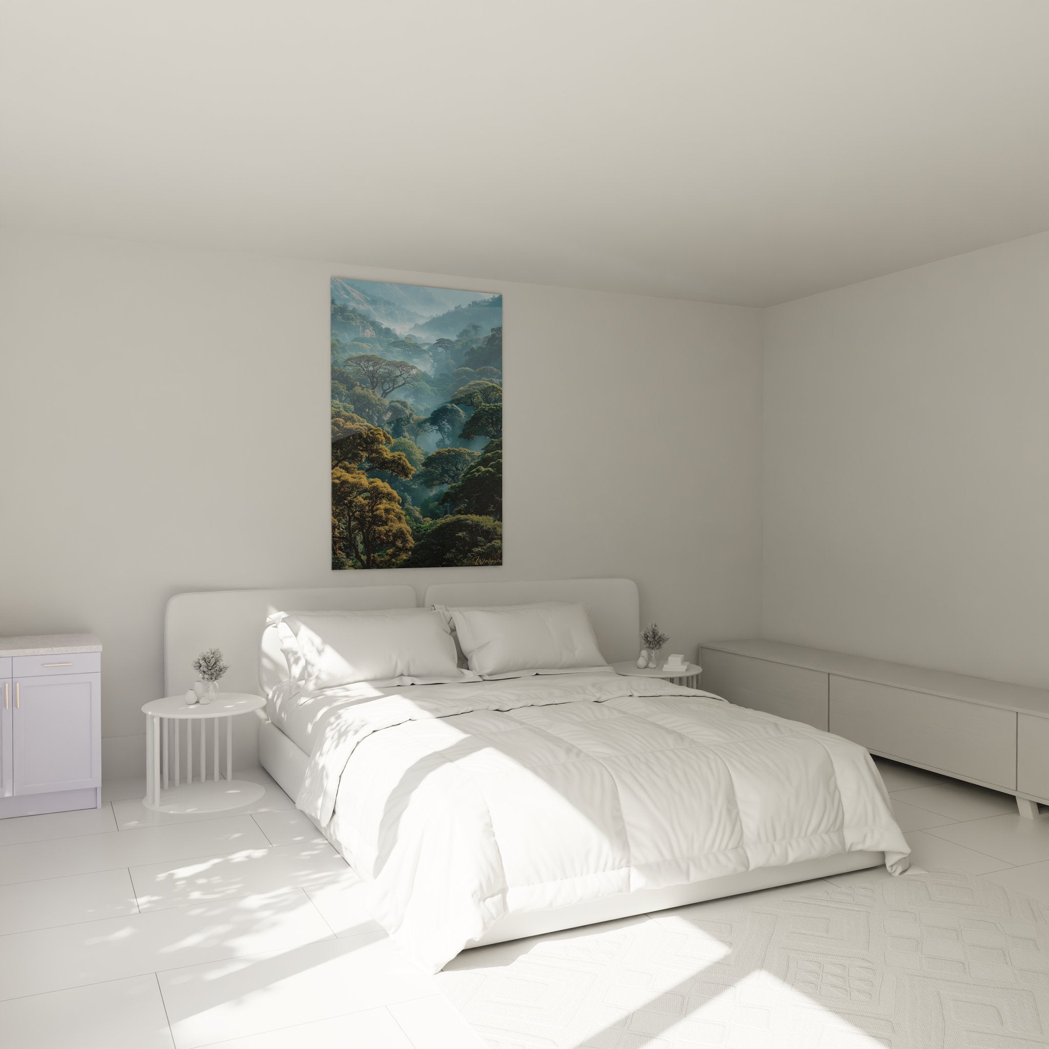 Tableau mural forêt tropicale dans chambre, décoration nature brumeuse apaisante