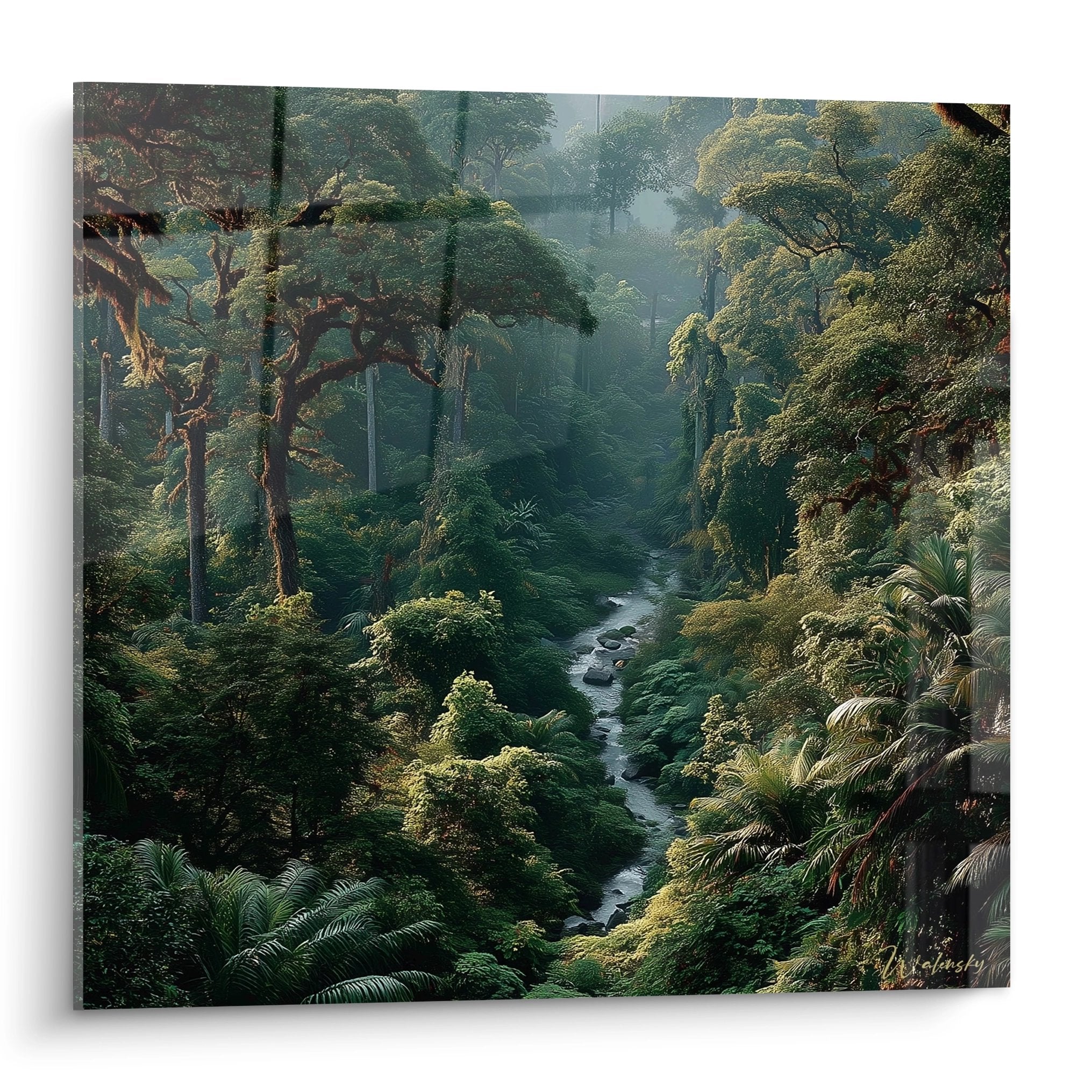 Tableau forêt tropicale mystérieuse avec rivière serpentante et végétation luxuriante pour décoration murale nature