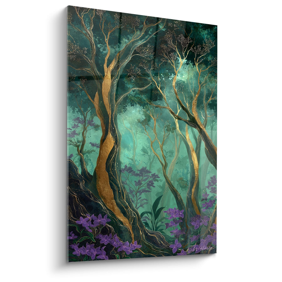 Tableau Forêt Mystique aux Tons Turquoise et Or avec Fleurs Violettes - Harmonie Végétale - Edition Feng shui Sud-Est Bois