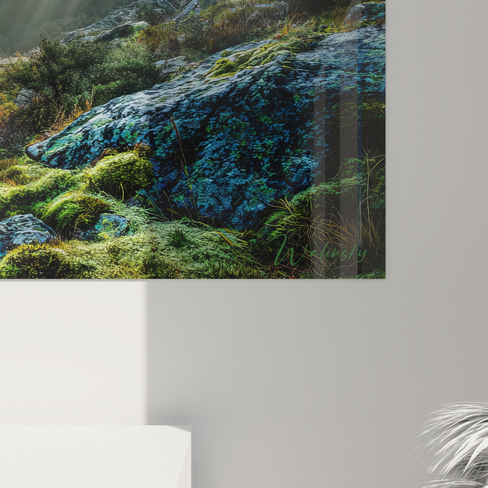 Vue ensemble tableau forêt brumeuse rayons soleil décoration murale nature zen