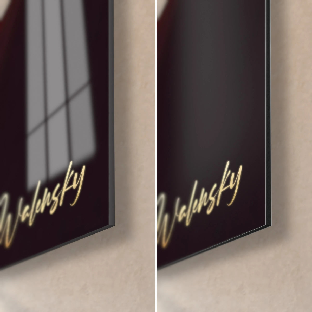 Gemälde Ereignishorizont, untere rechte Ecke: glänzendes Acrylglas links, mattes Dibond-Aluminium rechts, 3 mm Kante