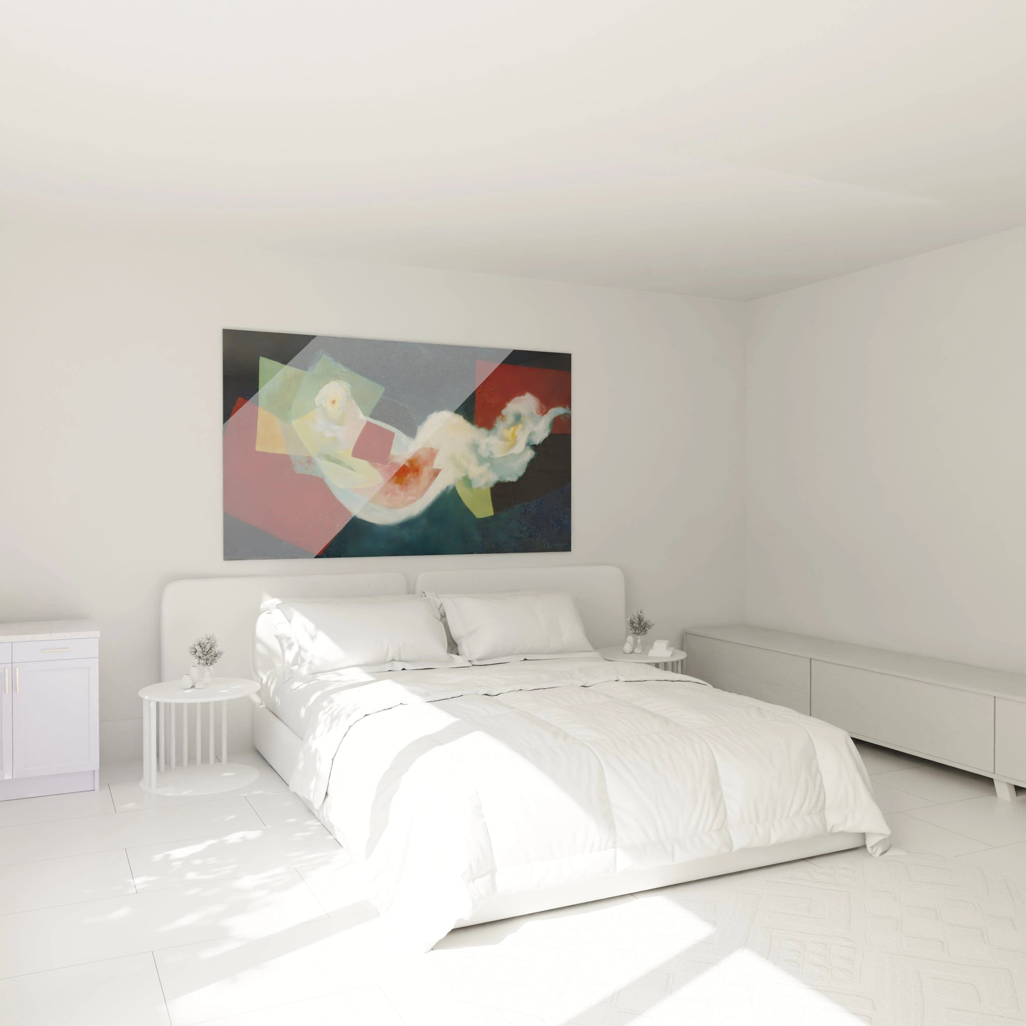 tableau abstrait cubiste Walensky accroche au mur d une chambre blanche moderne au dessus du lit minimaliste