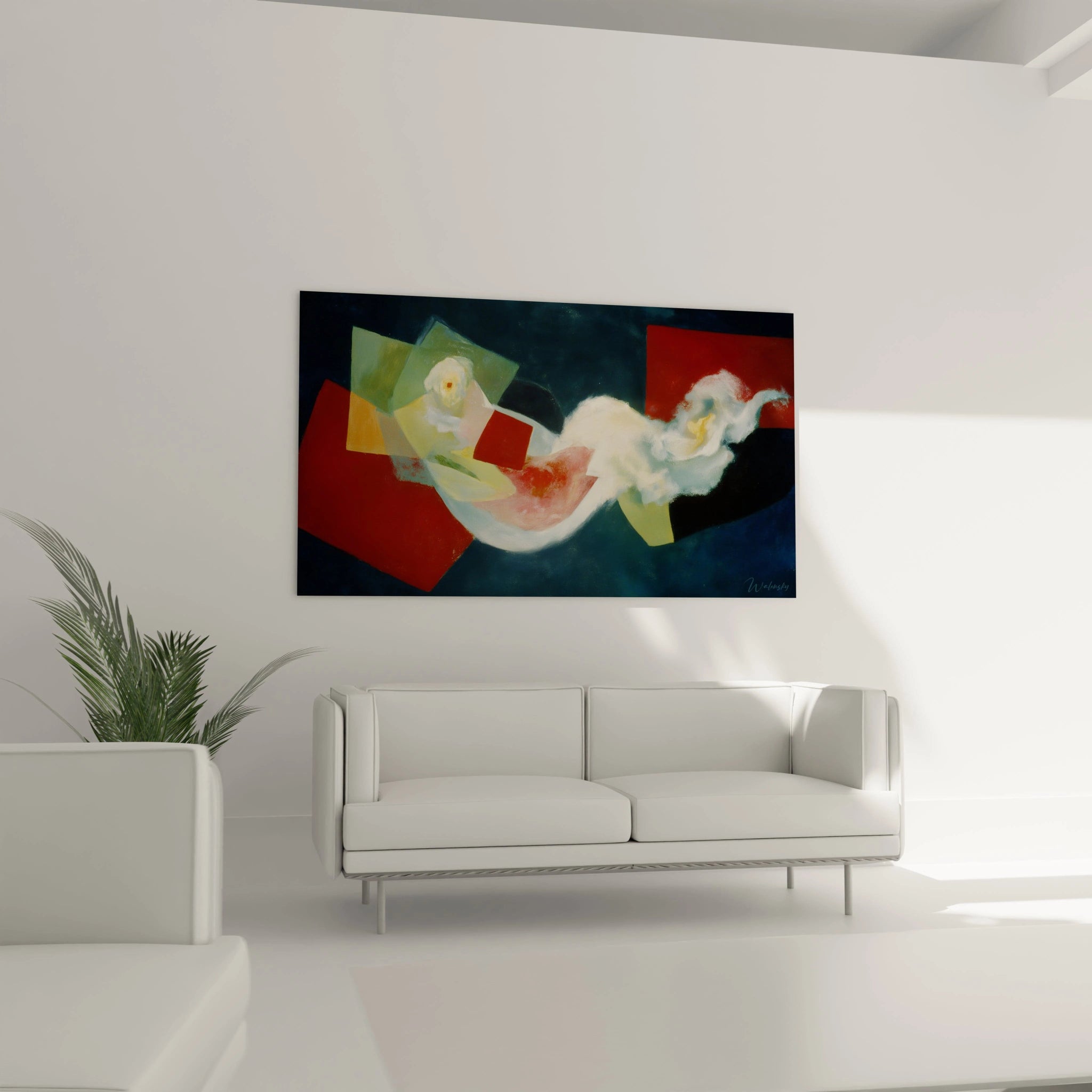 Walensky tableau abstrait cubiste grand format noir bleu rouge formes geometriques sur toile pour salon moderne