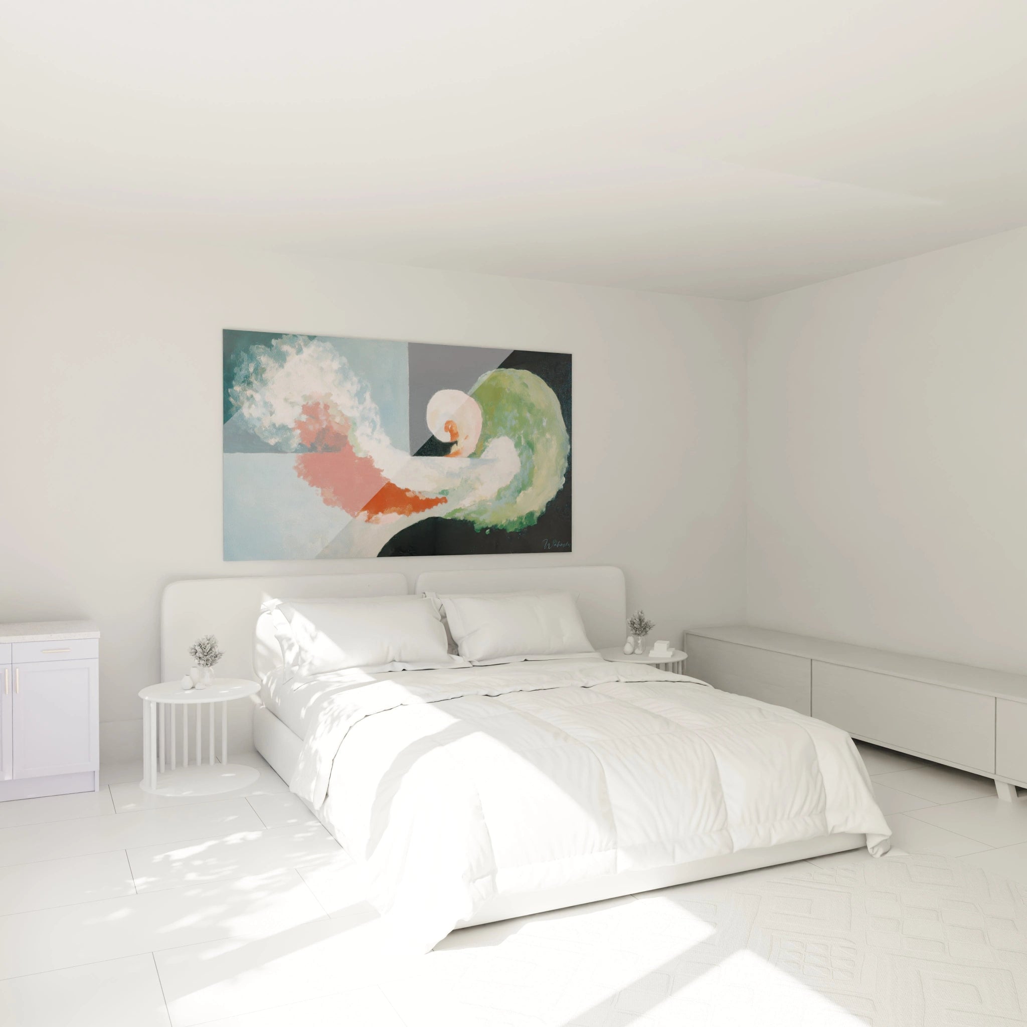 Tableau mural Walensky avec tableau dadaïsme moderne abstrait vert et rose au dessus d un lit blanc minimaliste