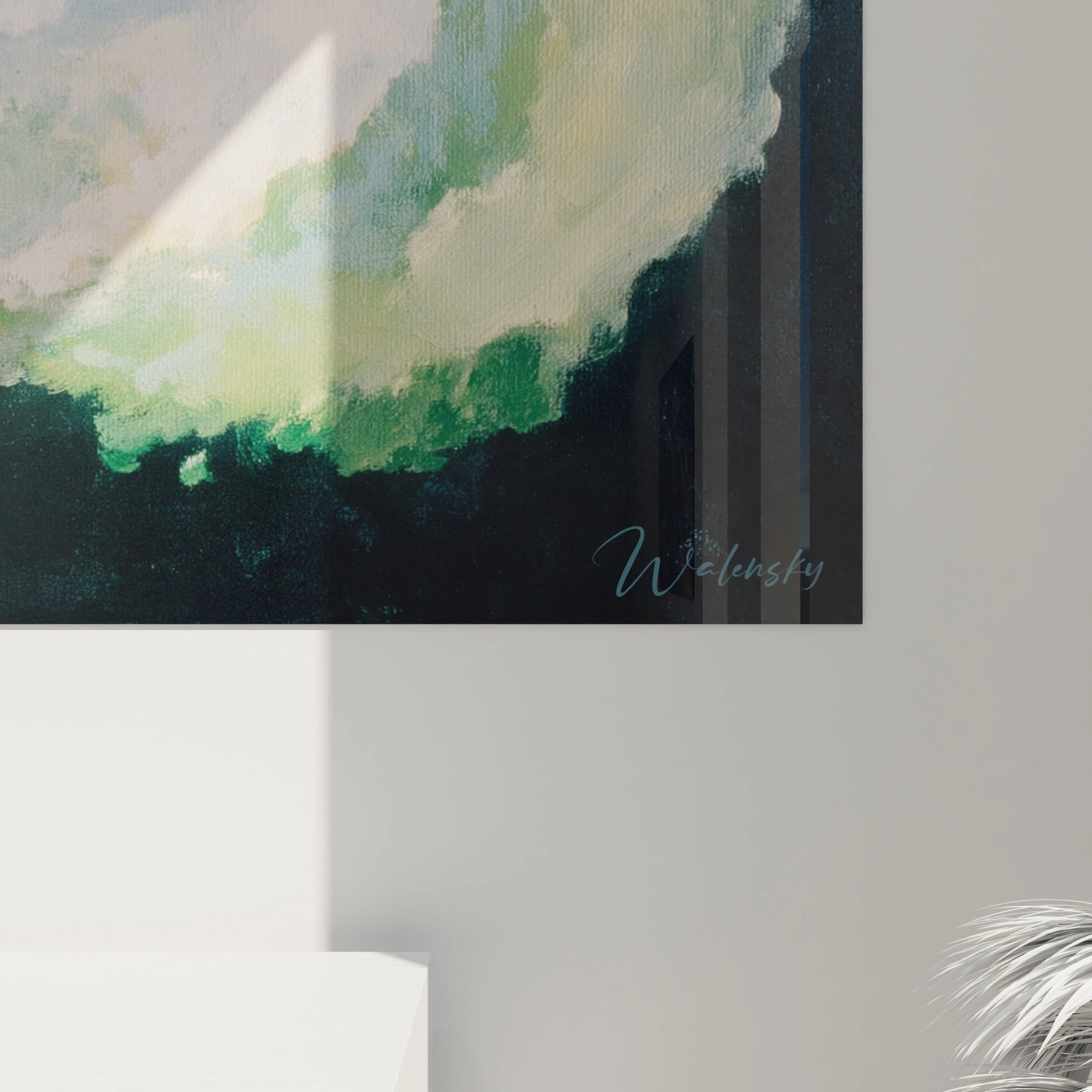 Tableau mural Walensky abstrait aux nuances vertes et blanches, signature visible, tableau dadaïsme moderne pour salon