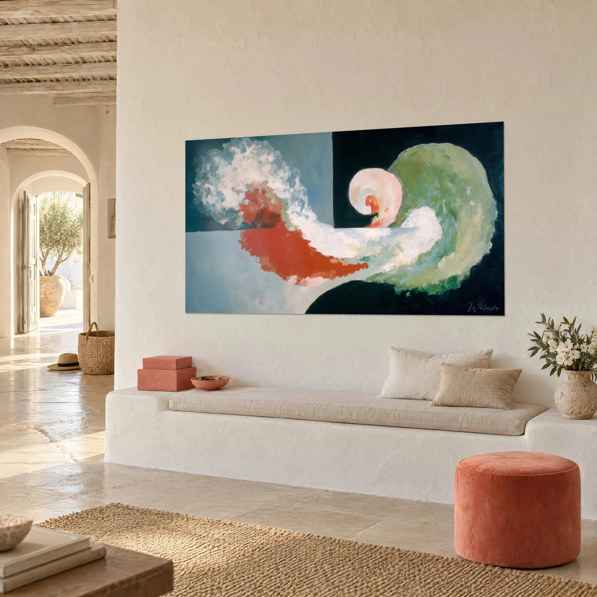 Wall art pale pink shell in a spiral curl, red splash and white wave on blue-grey, three-quarter view, white banquette