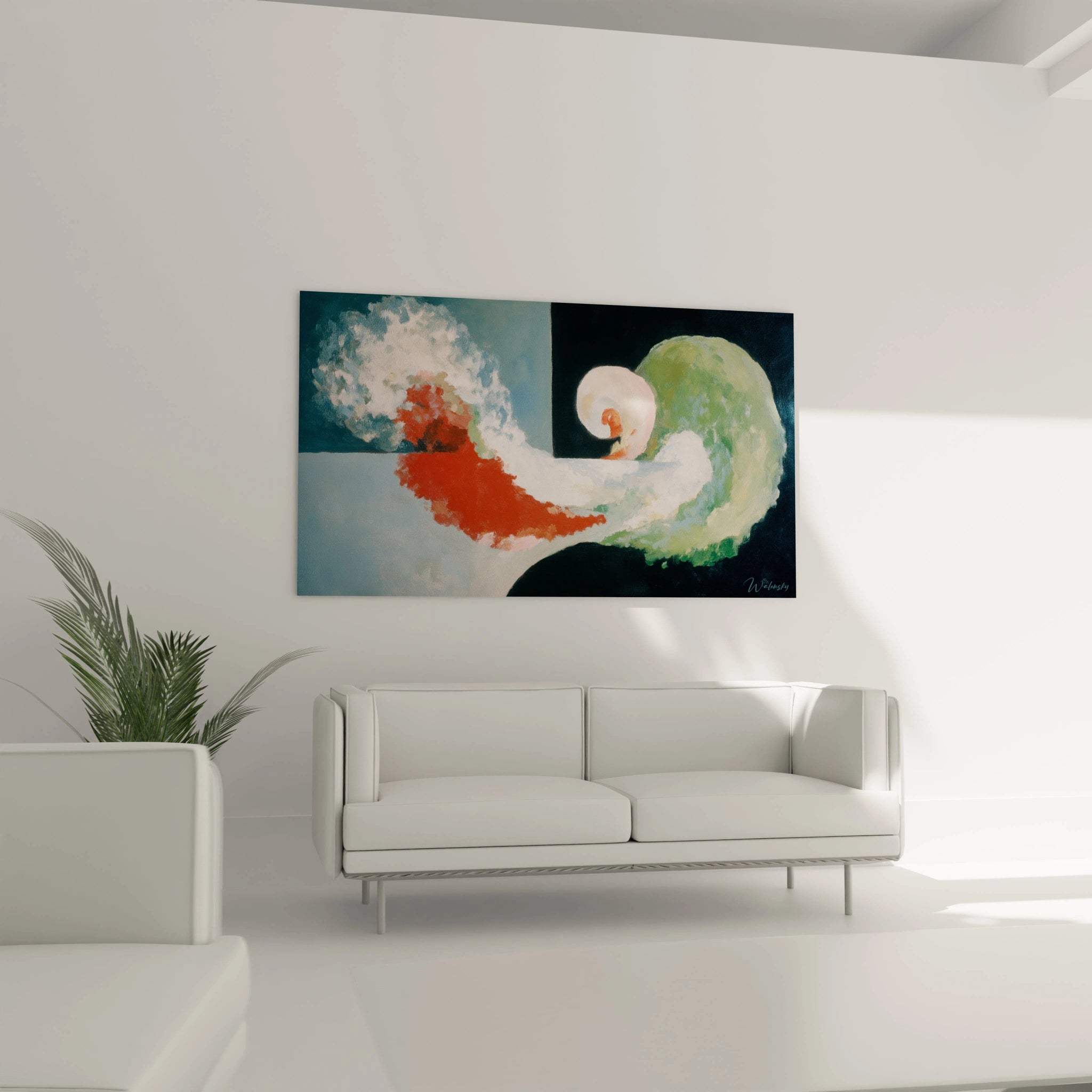 tableau dadaïsme moderne Walensky peinture murale abstraite vert bleu rouge suspendu au dessus d un canapé blanc