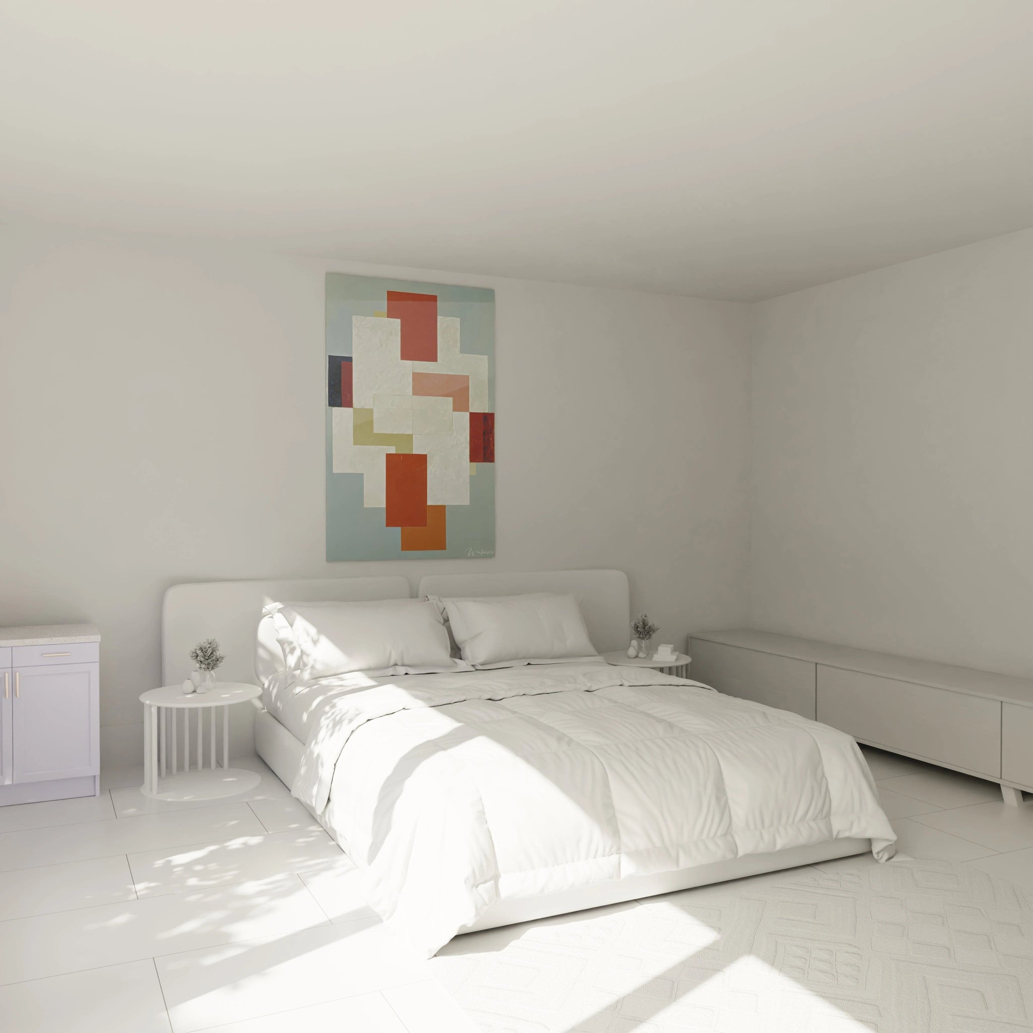 tableau constructivisme abstraction Walensky accroché au dessus d un lit blanc minimaliste dans une chambre lumineuse