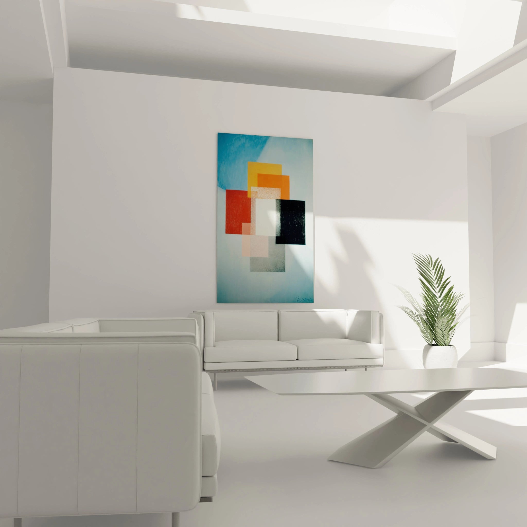 tableau formes géométriques constructivisme Walensky accroché au dessus d un canapé blanc dans un salon minimaliste lumineux