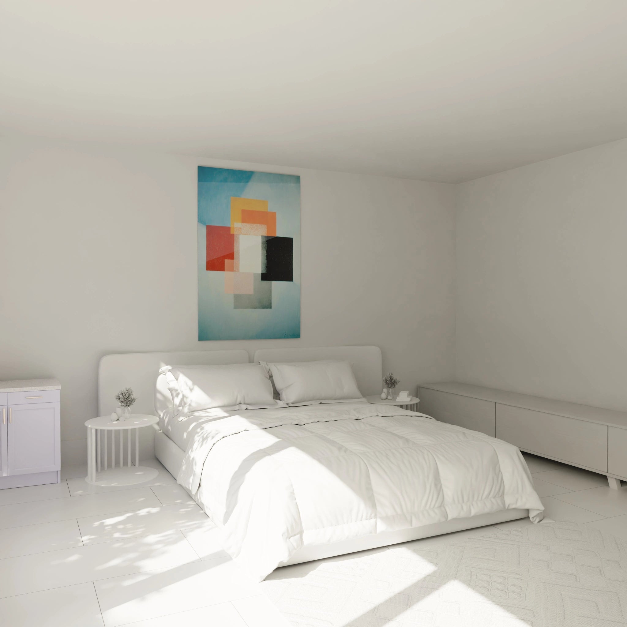 Tableau mural Walensky tableau formes géométriques constructivisme accroché au dessus du lit dans une chambre minimaliste blanche