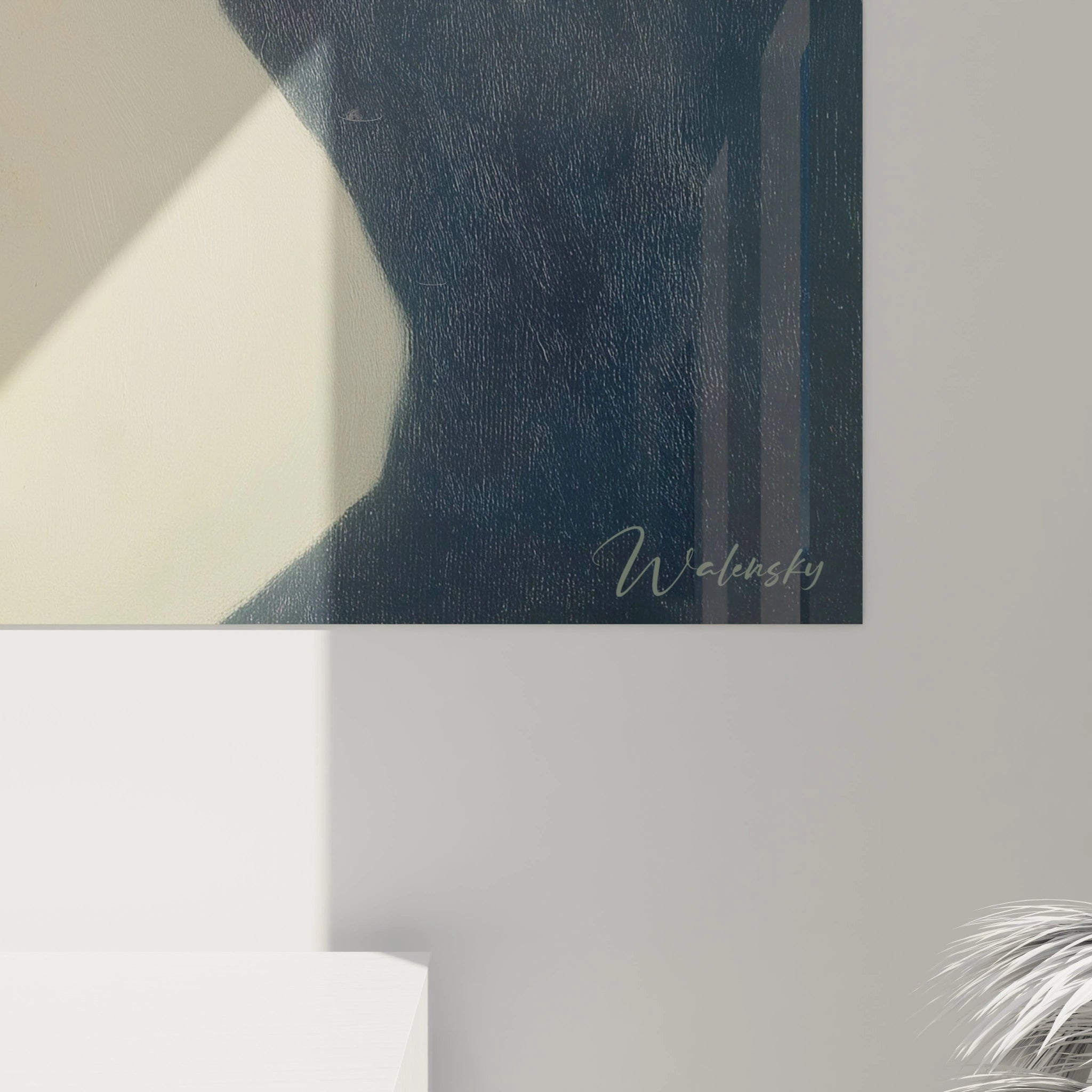Tableau mural Walensky montrant silhouette abstraite texturée, contrastes beige et bleu, tableau dadaïsme formes géométriques