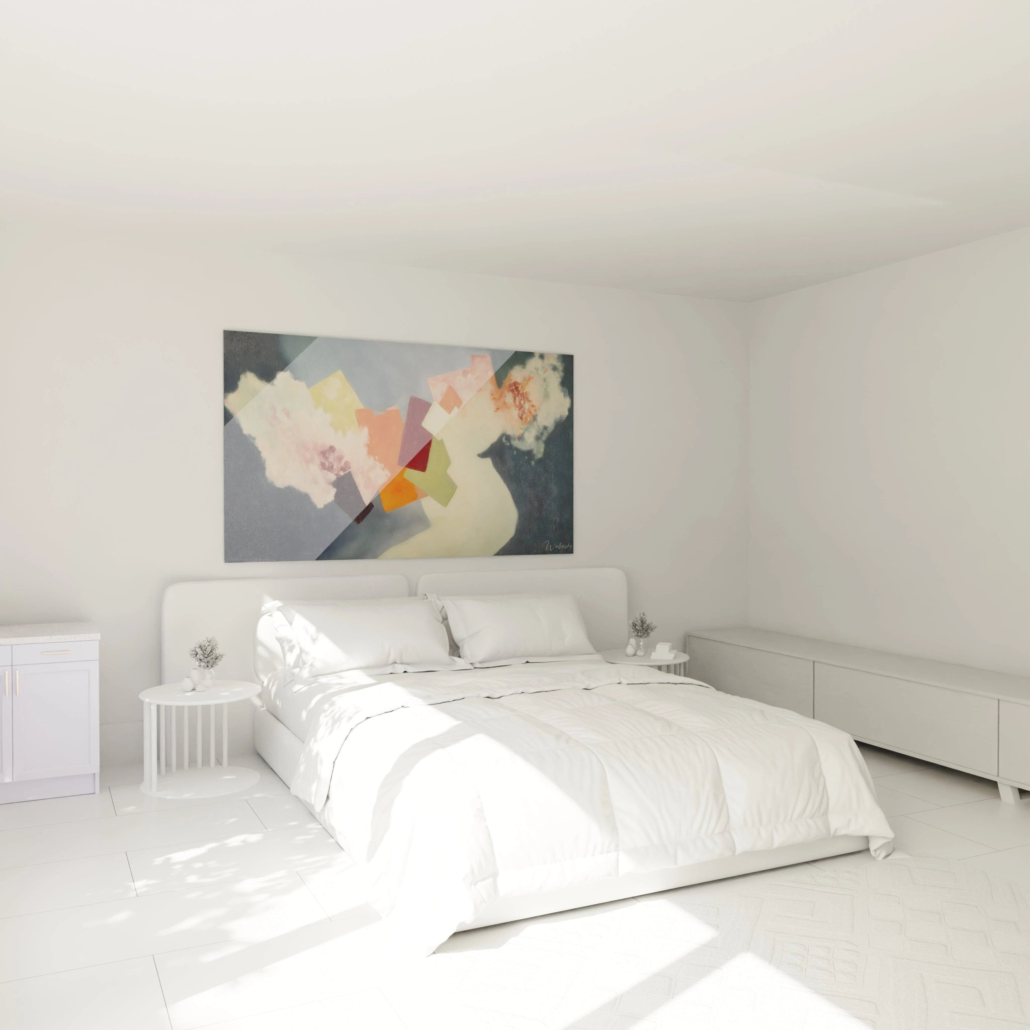 Walensky tableau dadaïsme formes géométriques mural au dessus du lit blanc dans une chambre minimaliste lumineuse