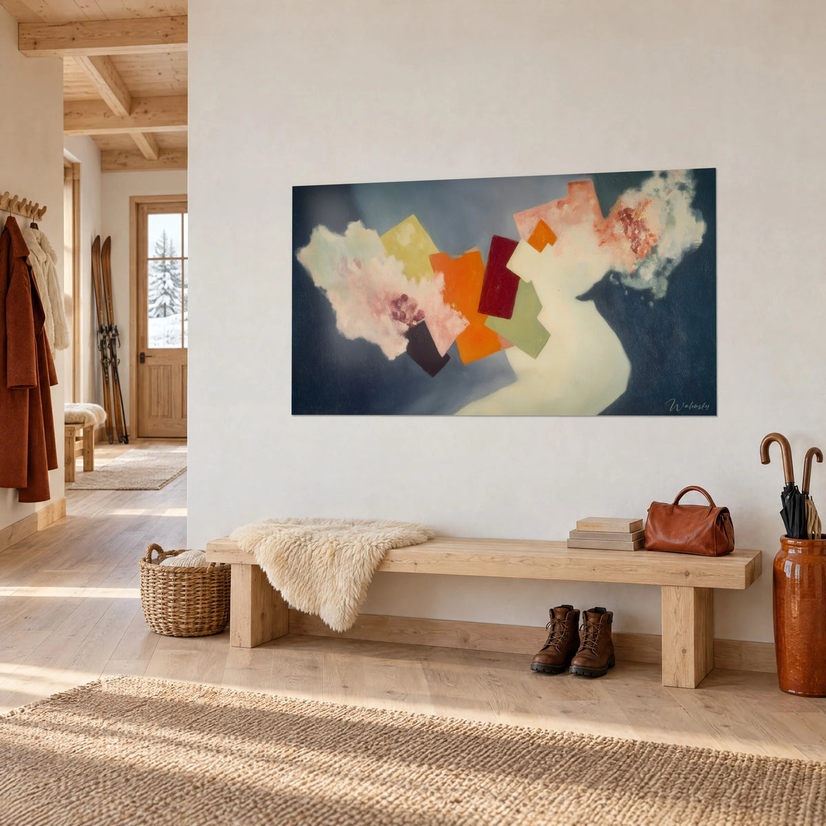Wall art dadaist composition of ochre, sage and powder pink blocks, on a white wall above a wooden entryway bench