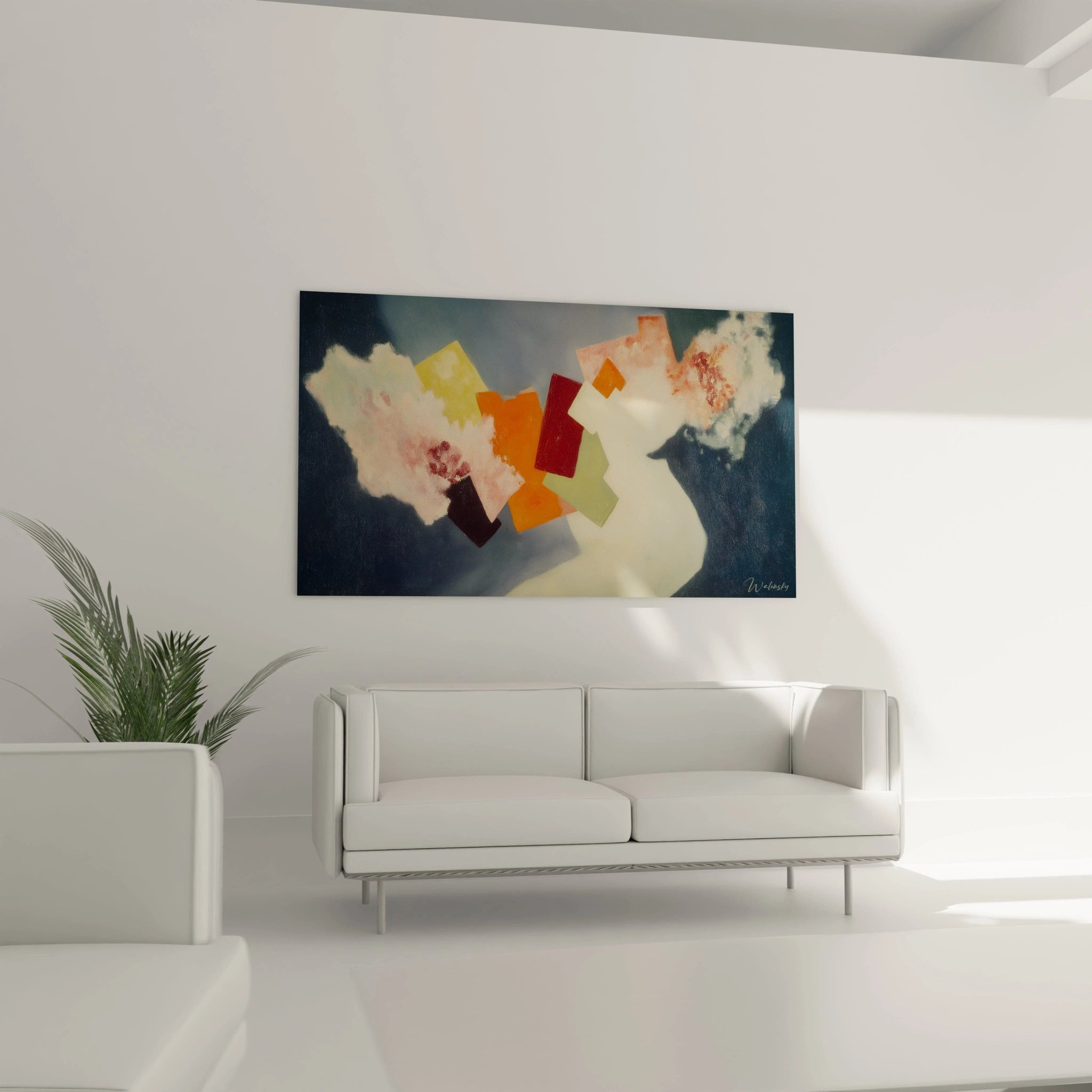 Tableau Walensky abstrait accroché au dessus d un canapé blanc dans un salon lumineux tableau dadaïsme formes géométriques colorées