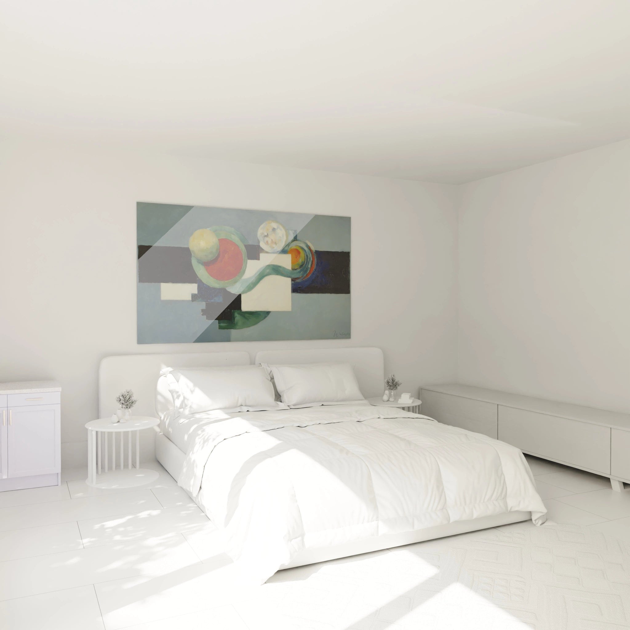 tableau géométrique dadaïsme Walensky placé au dessus du lit double dans une chambre blanche minimaliste