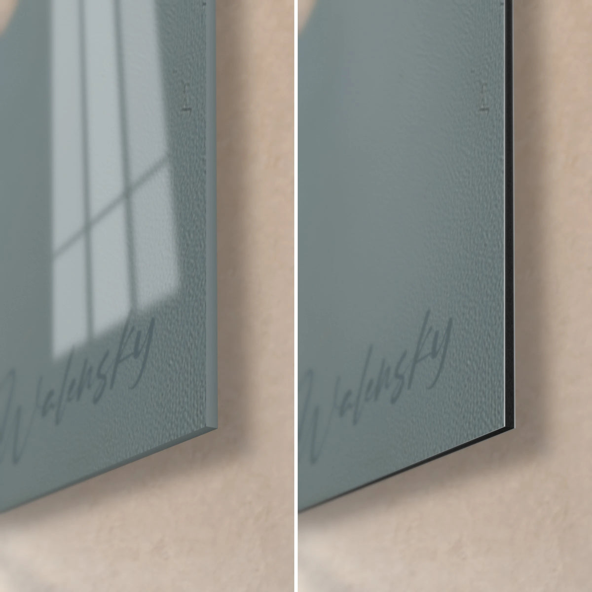 Tableau abstraction à disques rouge et blancs sur fond bleu-gris, coin bas droit signé Walensky, verre brillant et Dibond mat